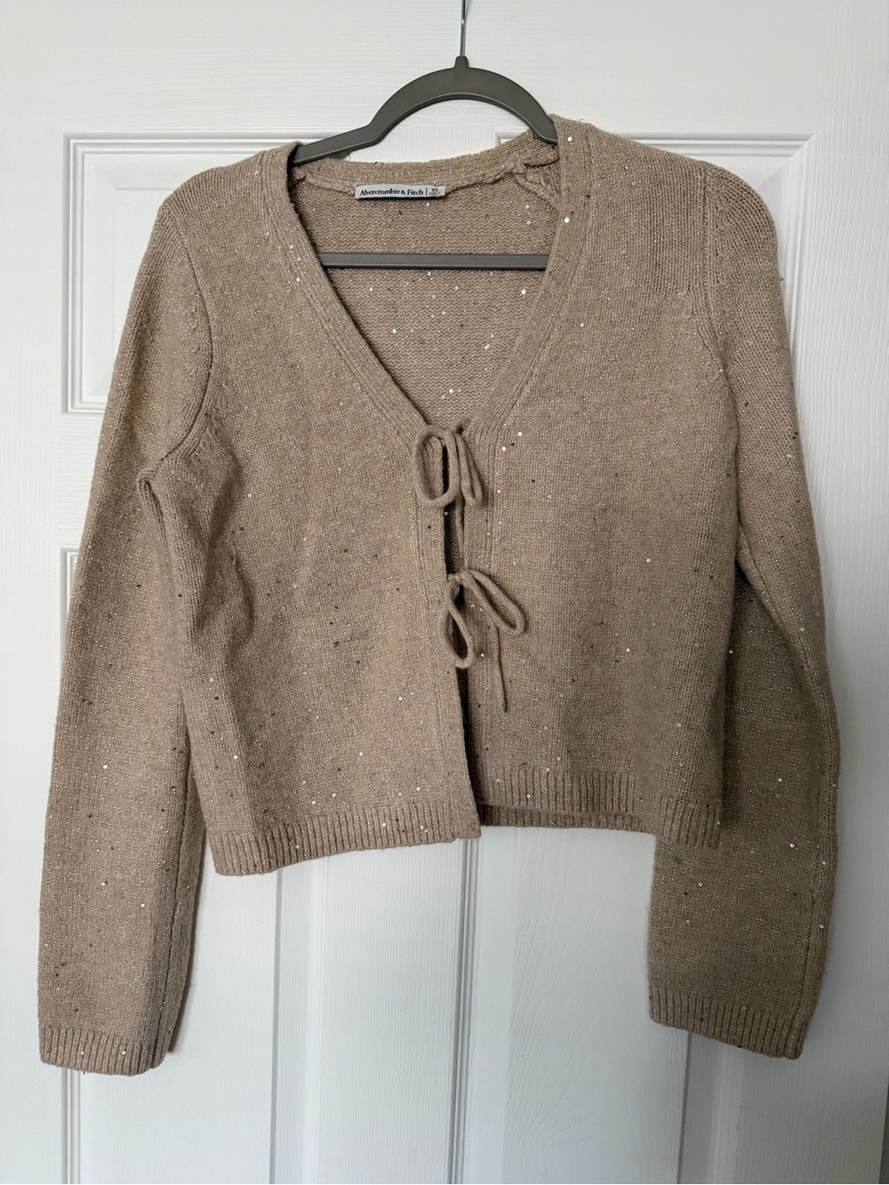 Abercrombie & Fitch Taupe Tie-Front Sparkle Knit Cardigan